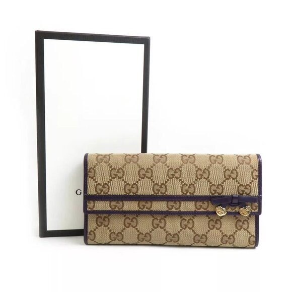 Auth GUCCI Ribbon Heart Long Wallet Beige/Purple - Picture 1 of 13